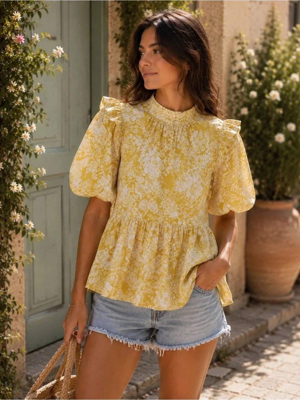 EUC – Zara Yellow White Floral Peplum Blouse - Medium